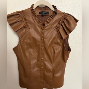 Marc New York Brown Faux Leather Ruffle Sleeve Blouse